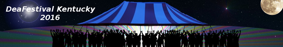 Image of a tent under a night sky with people raising their hands in appaluse.