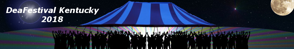 Image of a tent under a night sky with people raising their hands in appaluse.