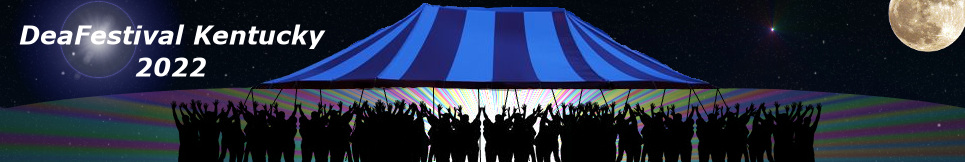 Image of a tent under a night sky with people raising their hands in appaluse.