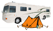 An image of an RV and a tent.
