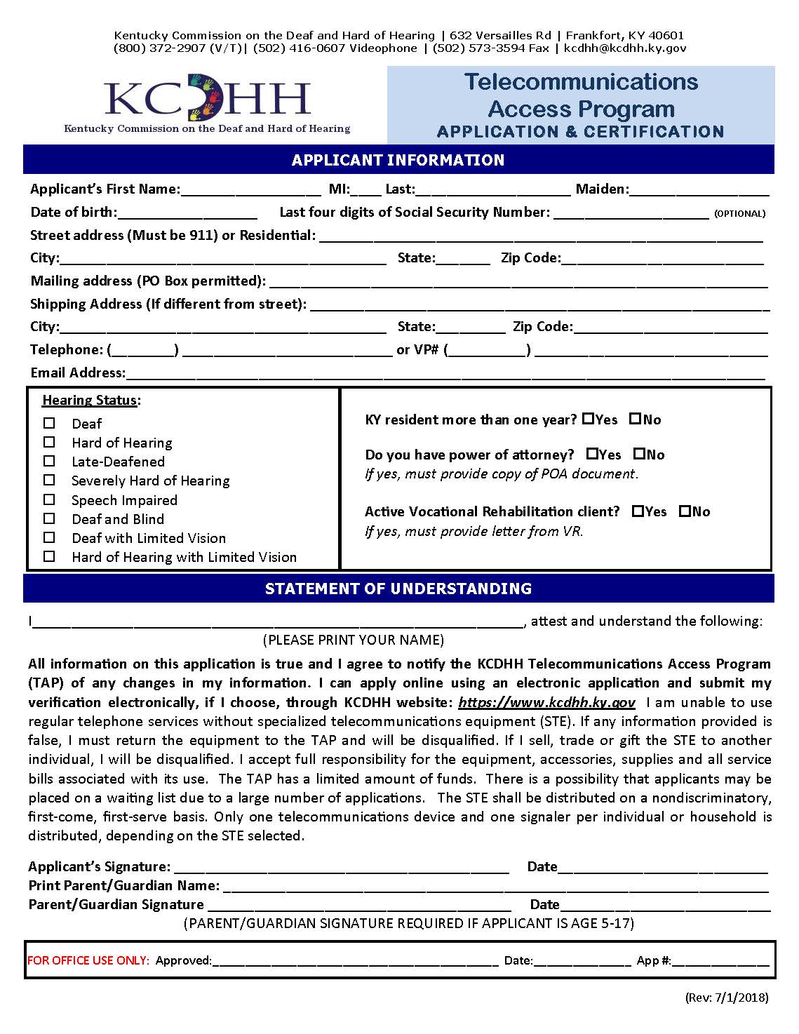 Picture of the page 1 of a KCDHH TAP application.