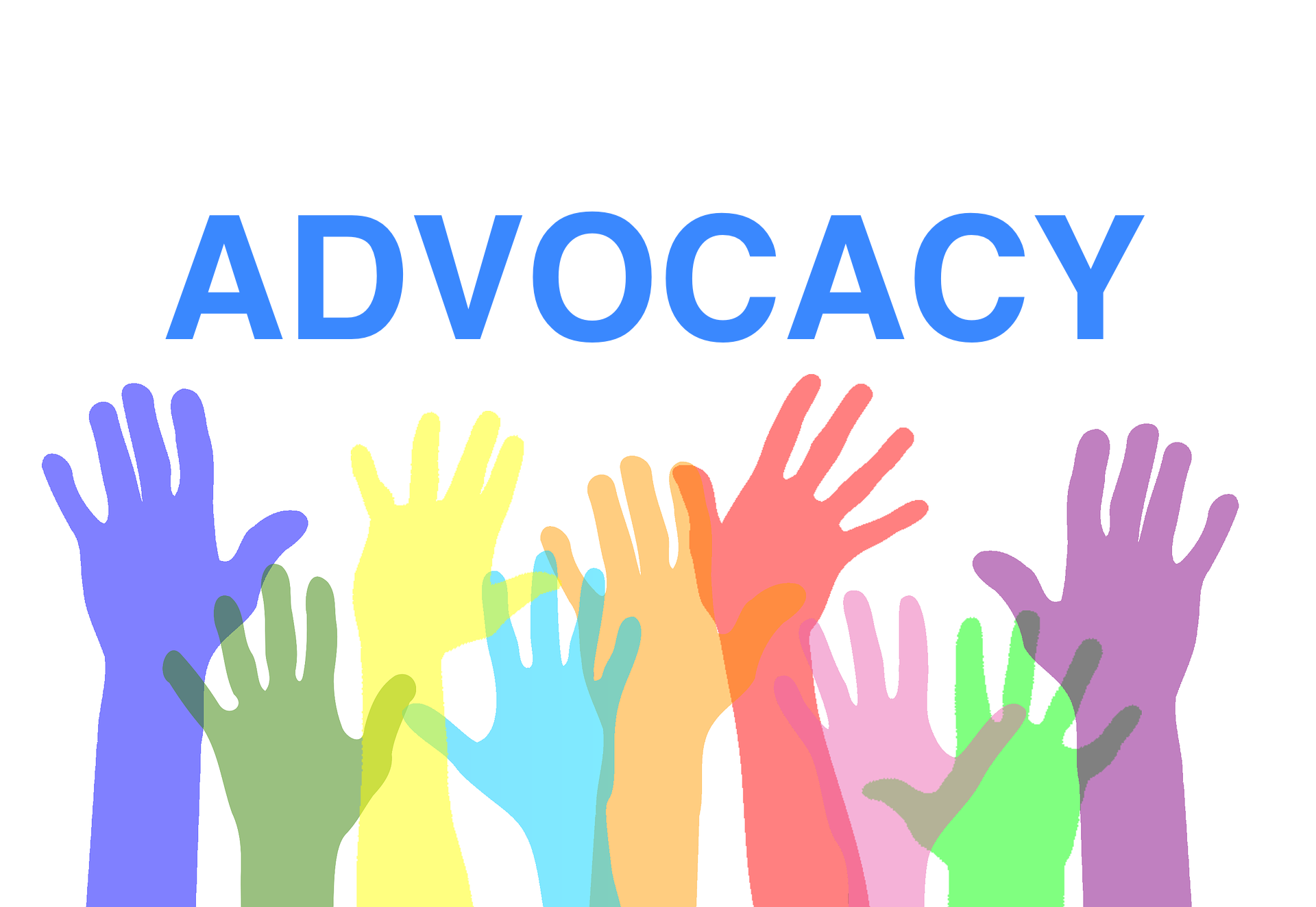 Image of colored hands along with the word 'Advocacy'