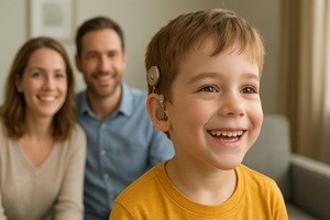 A smiling boy with a coclear implant and his parents sitting behind him.