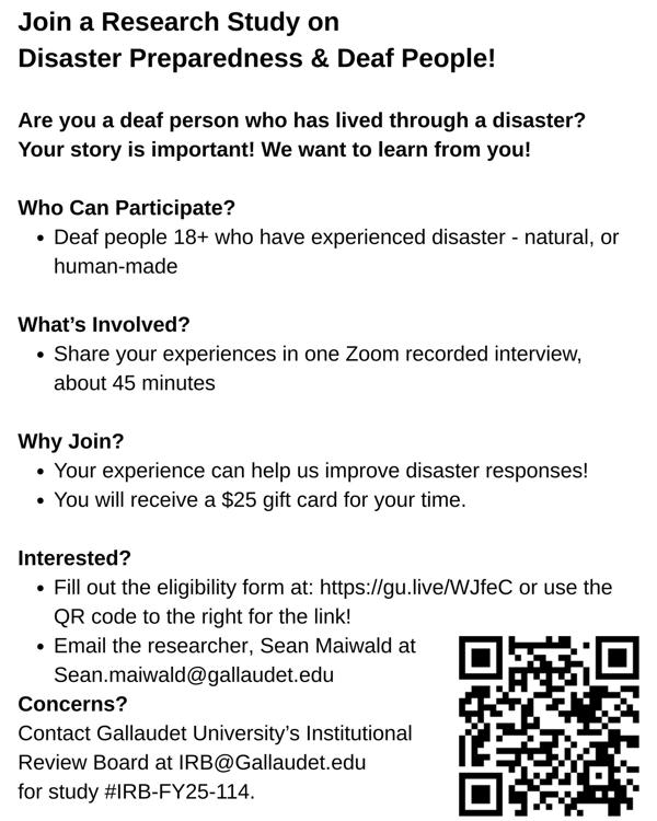 Flyer: Join a research study on disaster preparedness & deaf people